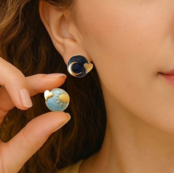 ποΈMinimalist Sun & Moon Enamel Earrings | 925 Silver Posts | Vintage Style ππ - Picture 3 of 11